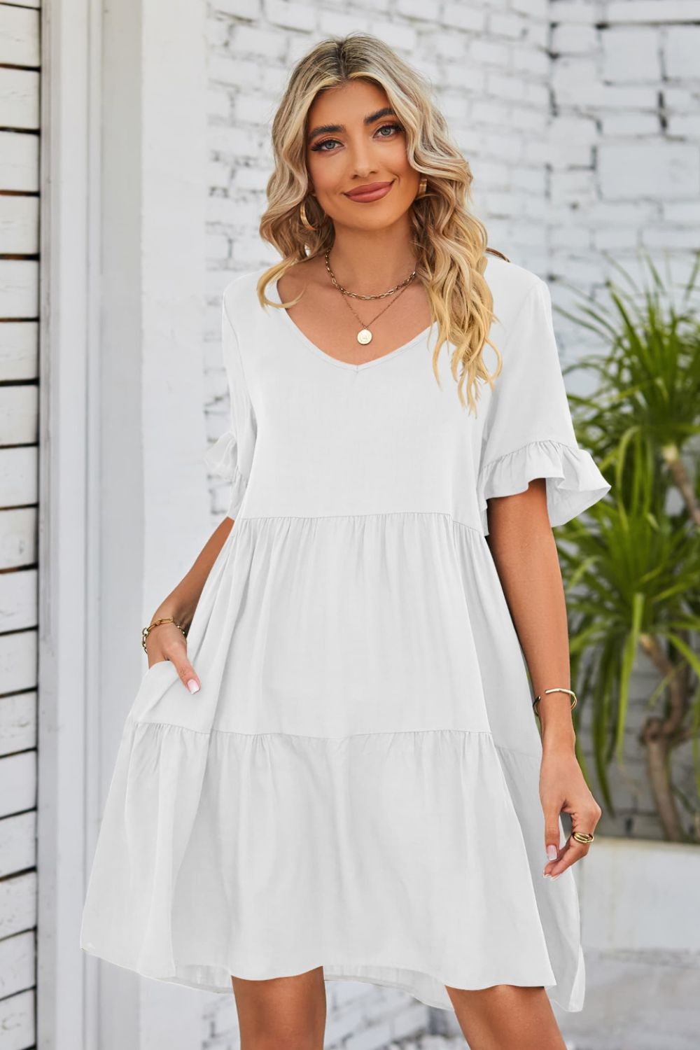 V-Neck Flounce Sleeve Tiered Dress-Angel Casuals