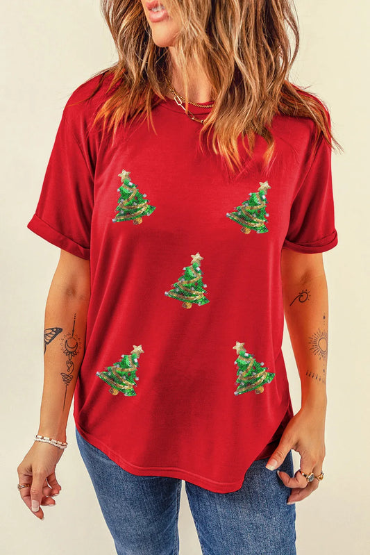 Sequin Christmas Tree Round Neck Short Sleeve T-Shirt-Angel Casuals