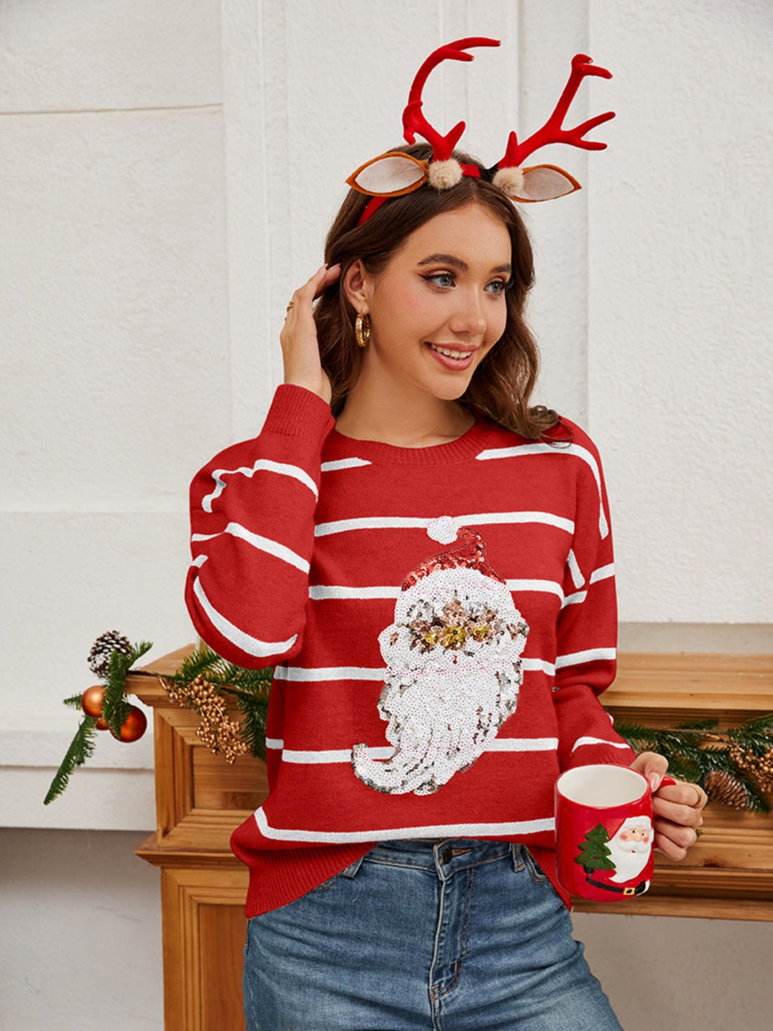 Sequin Santa Striped Round Neck Long Sleeve Sweater-Angel Casuals