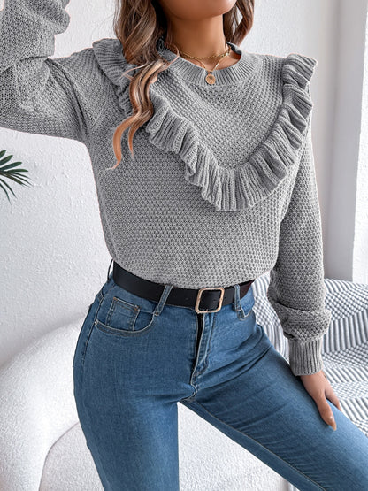 Ruffled Round Neck Long Sleeve Sweater-Angel Casuals