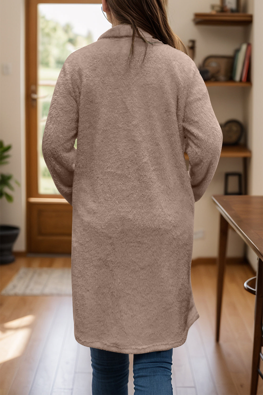 Full Size One Button Long Sleeve Longline Plush Coat-Angel Casuals