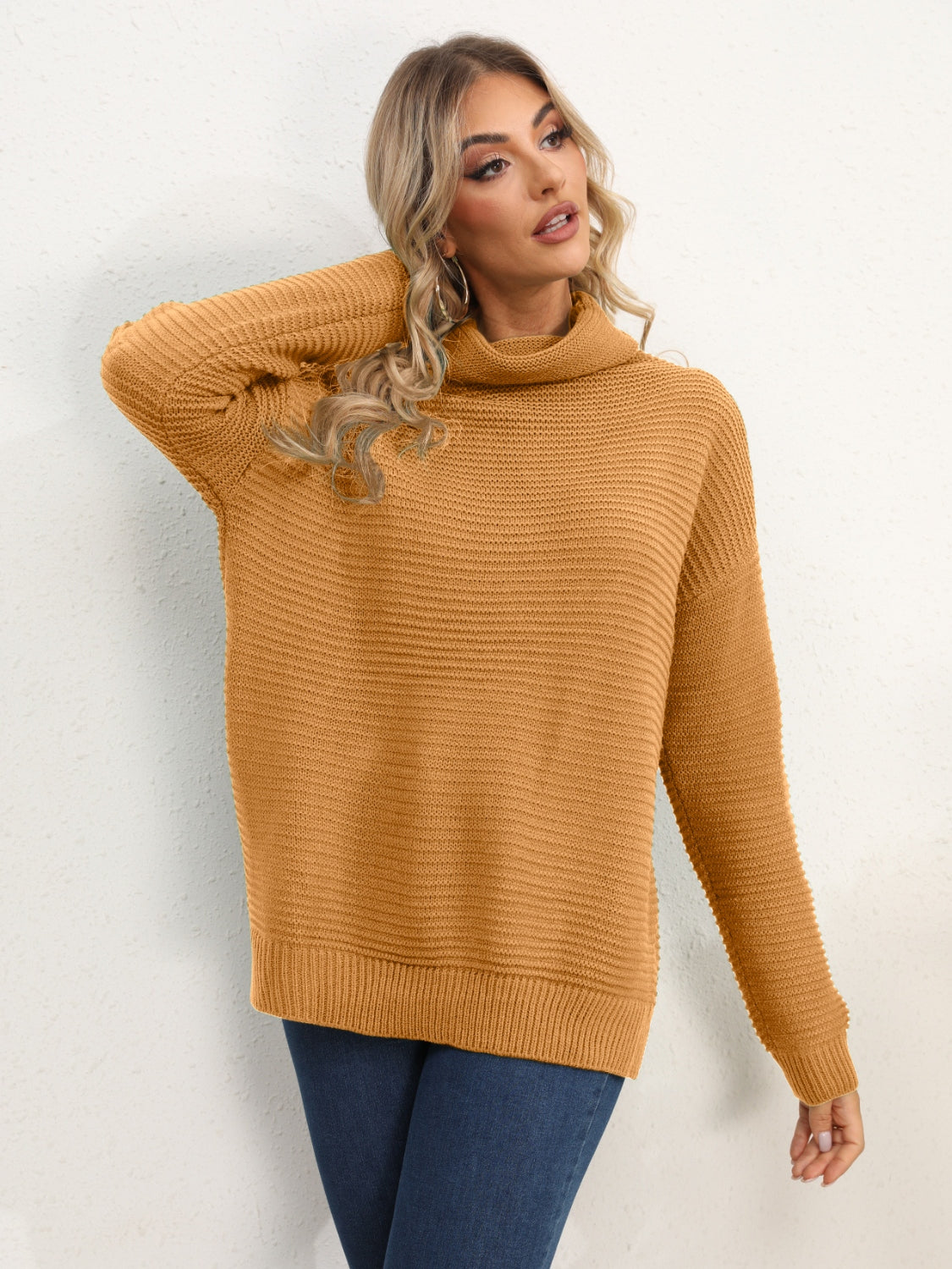 Slit Turtleneck Dropped Shoulder Sweater-Angel Casuals