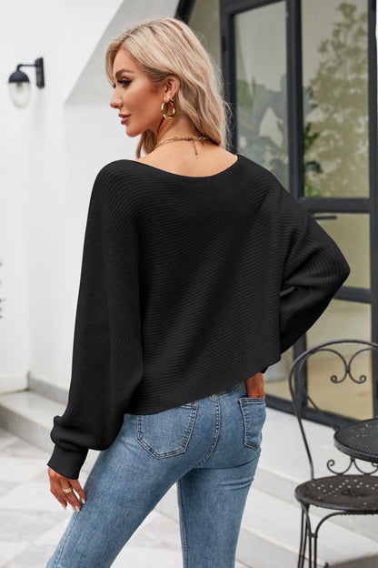 Boat Neck Horizontal Ribbing Dolman Sleeve Sweater-Angel Casuals