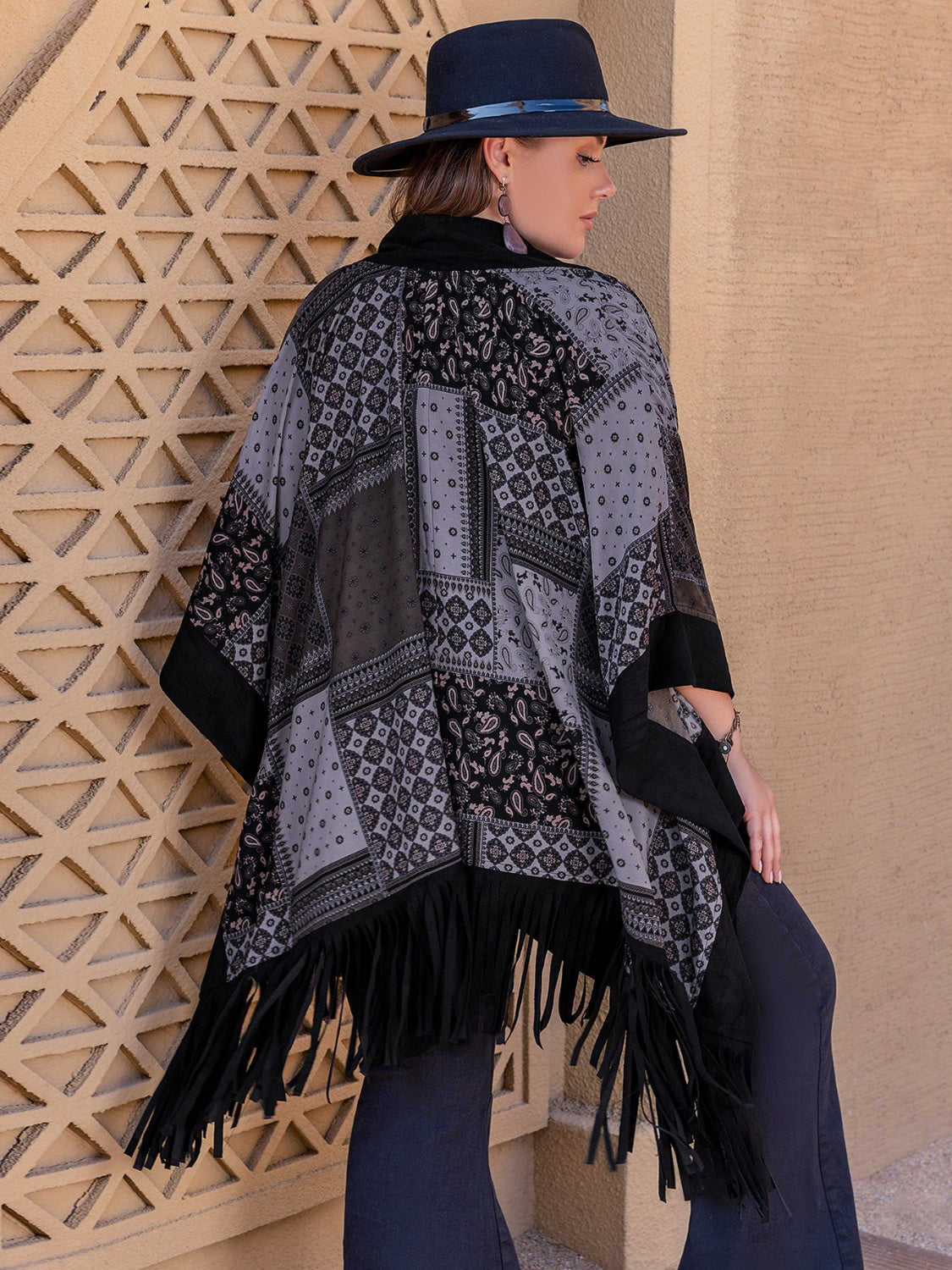 Plus Size Printed Fringe Open Front Outerwear-Angel Casuals