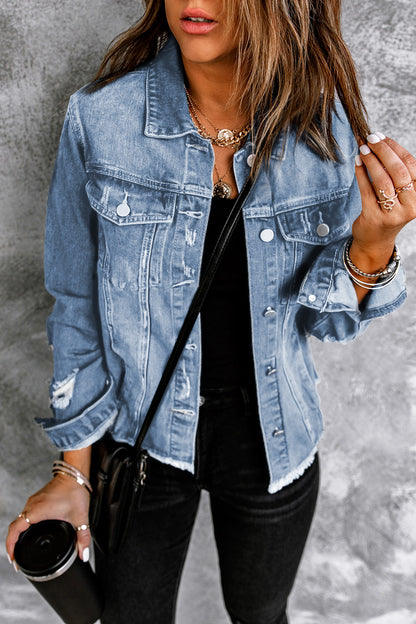 Distressed Raw Hem Denim Jacket-Angel Casuals