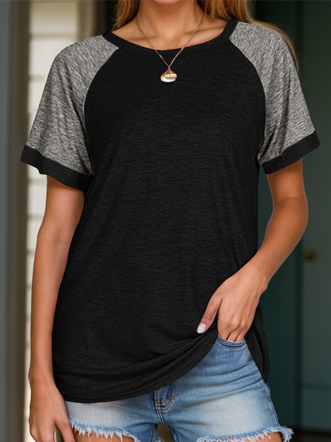Full Size Contrast Round Neck Short Sleeve T-Shirt-Angel Casuals
