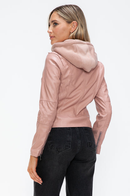 Snobbish Faux Leather Zip Up Drawstring Hooded Jacket-Angel Casuals
