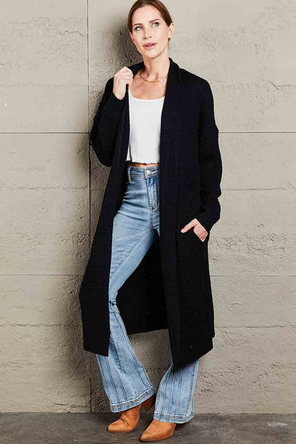 Waffle Knit Open Front Duster Cardigan With Pockets-Angel Casuals