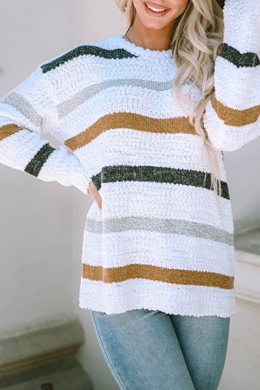 Striped Round Neck Dropped Shoulder Sweater-Angel Casuals