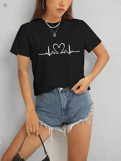 Heart Round Neck Short Sleeve T-Shirt-Angel Casuals