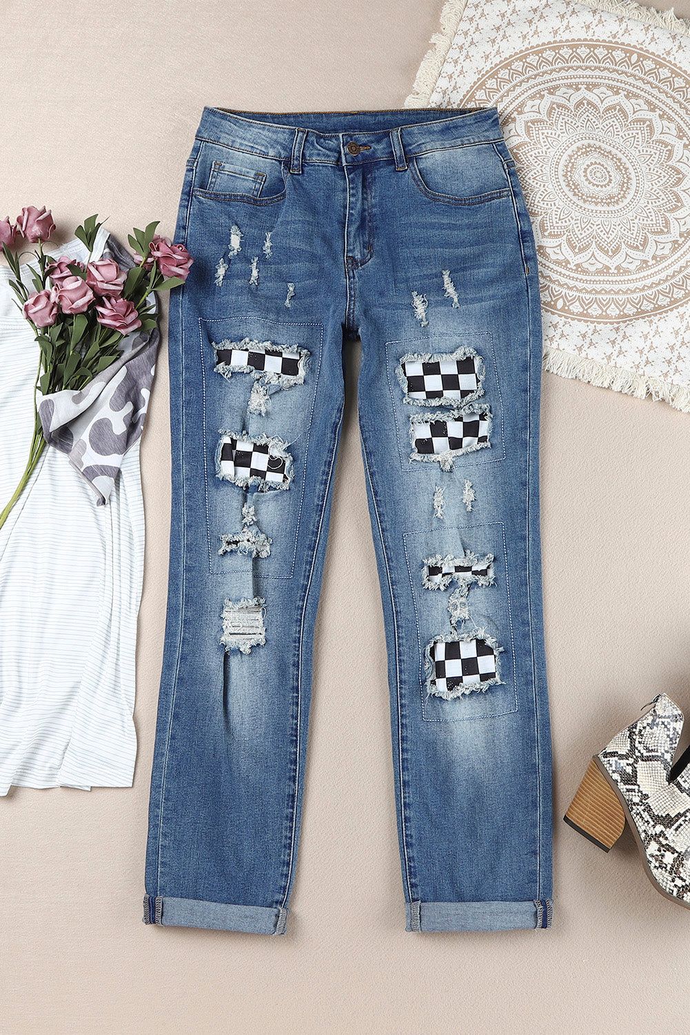 Baeful Checkered Patchwork Mid Waist Distressed Jeans-Angel Casuals