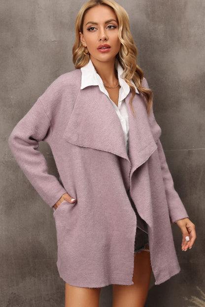 Waterfall Collar Longline Cardigan with Side Pockets-Angel Casuals