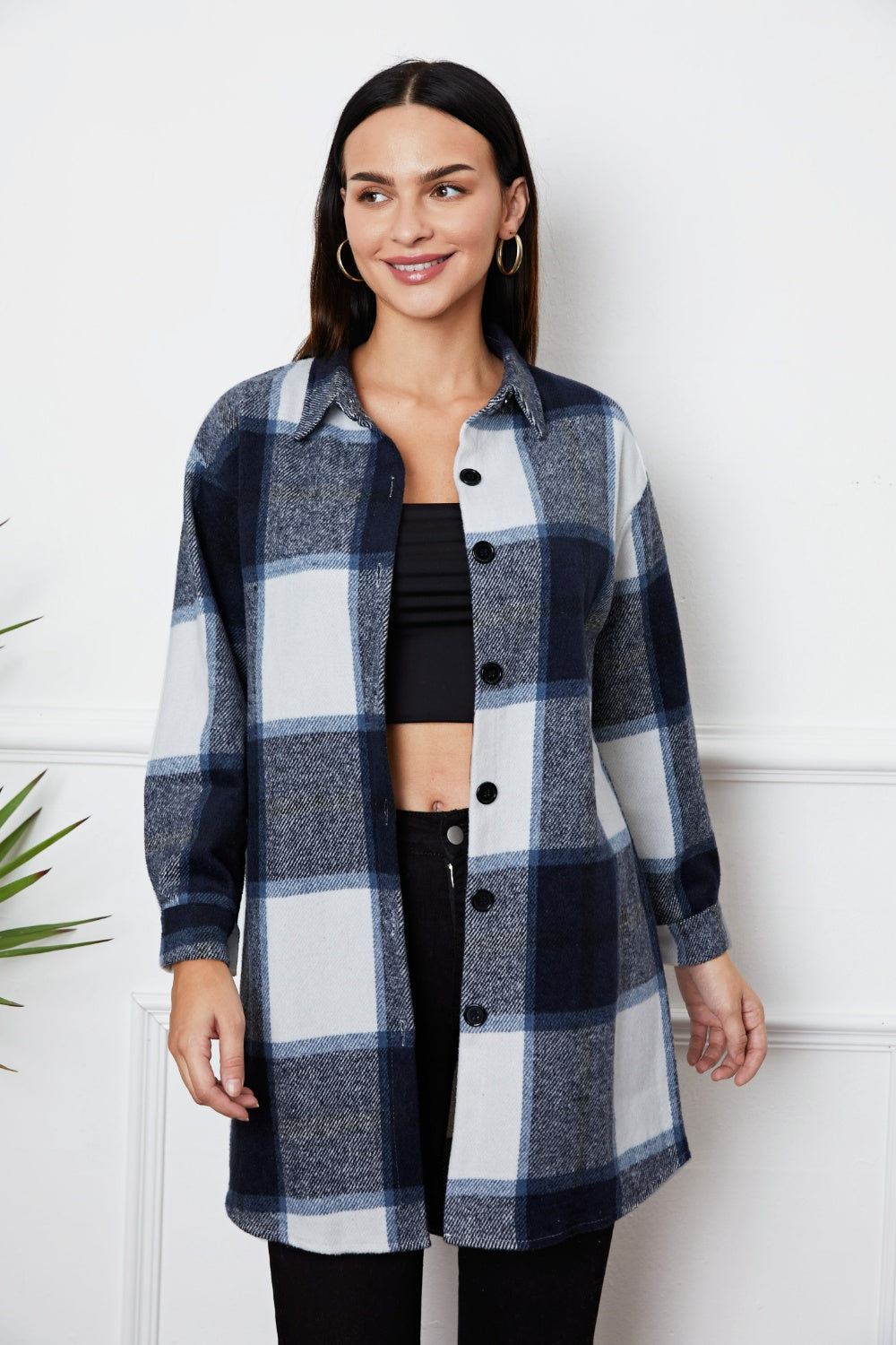 Plaid Button Up Collared Neck Outerwear-Angel Casuals
