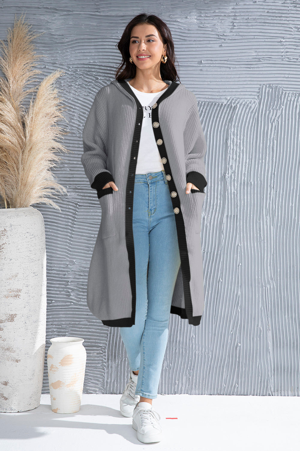 Button Up Contrast Trim Hooded Cardigan-Angel Casuals