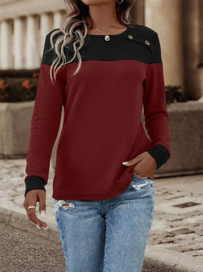 Contrast Buttoned Round Neck Long Sleeve T-Shirt-Angel Casuals