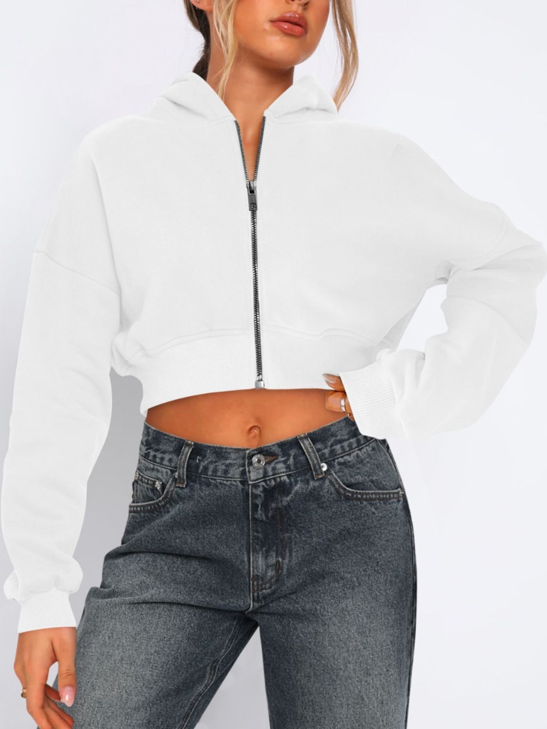 Zip Up Long Sleeve Hooded Cropped Jacket-Angel Casuals