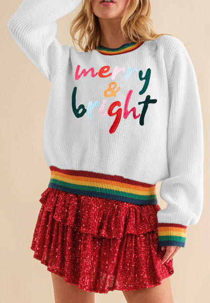 MERRY & BRIGHT Ribbed Round Neck Sweater-Angel Casuals