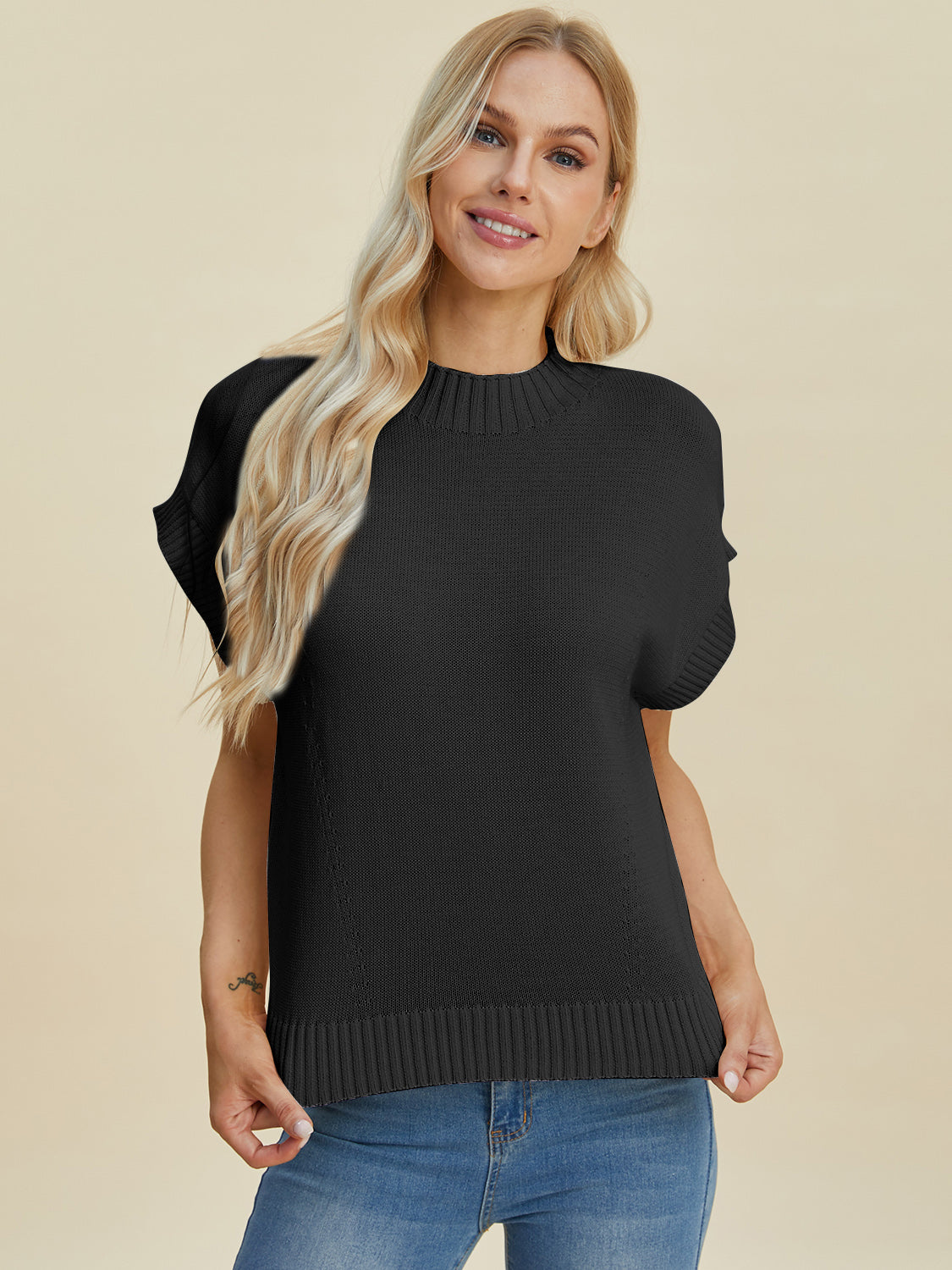 Double Take Full Size Mock Neck Short Sleeve Sweater-Angel Casuals