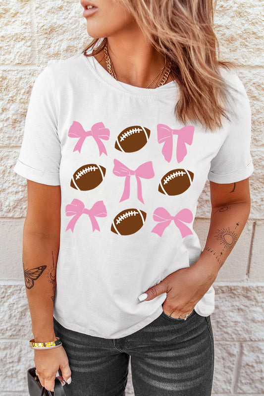 Football & Bow Round Neck Short Sleeve T-Shirt-Angel Casuals