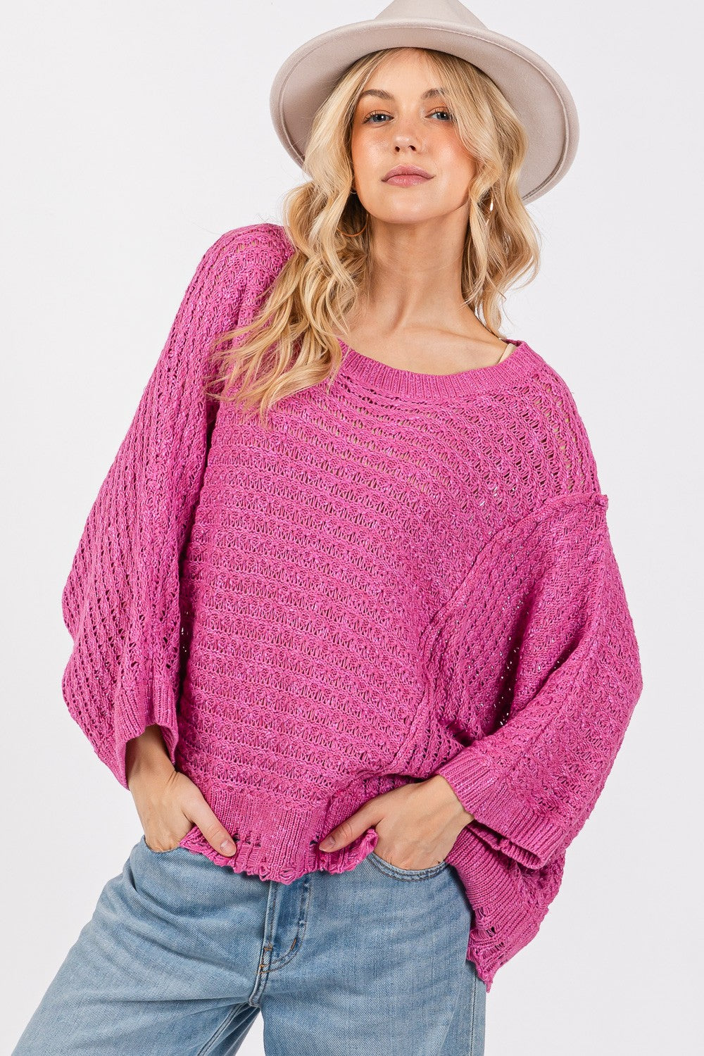 SAGE + FIG Distressed Asymmetrical Open Stitch Sweater-Angel Casuals