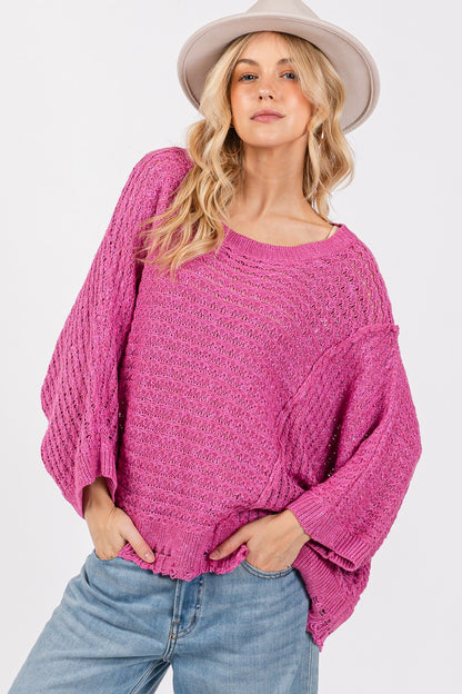 SAGE + FIG Distressed Asymmetrical Open Stitch Sweater-Angel Casuals