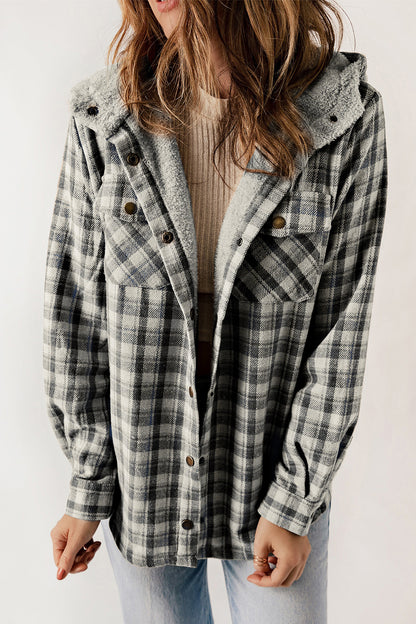 Plaid Snap Down Hooded Jacket-Angel Casuals