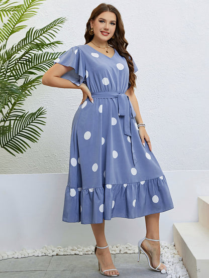 Polka Dot Belted Flutter Sleeve Ruffle Hem Dress-Angel Casuals