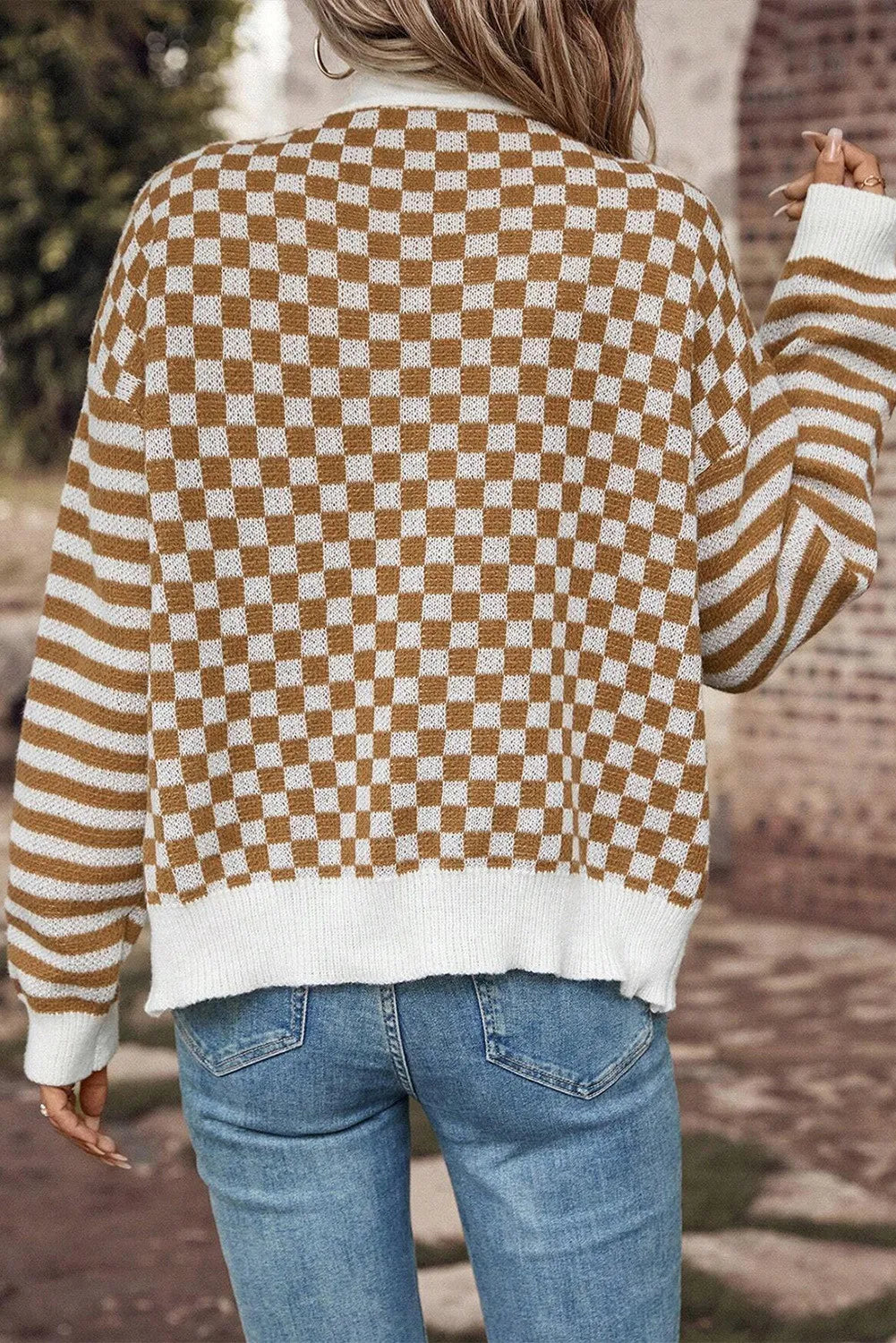 Checkered V-Neck Long Sleeve Cardigan-Angel Casuals