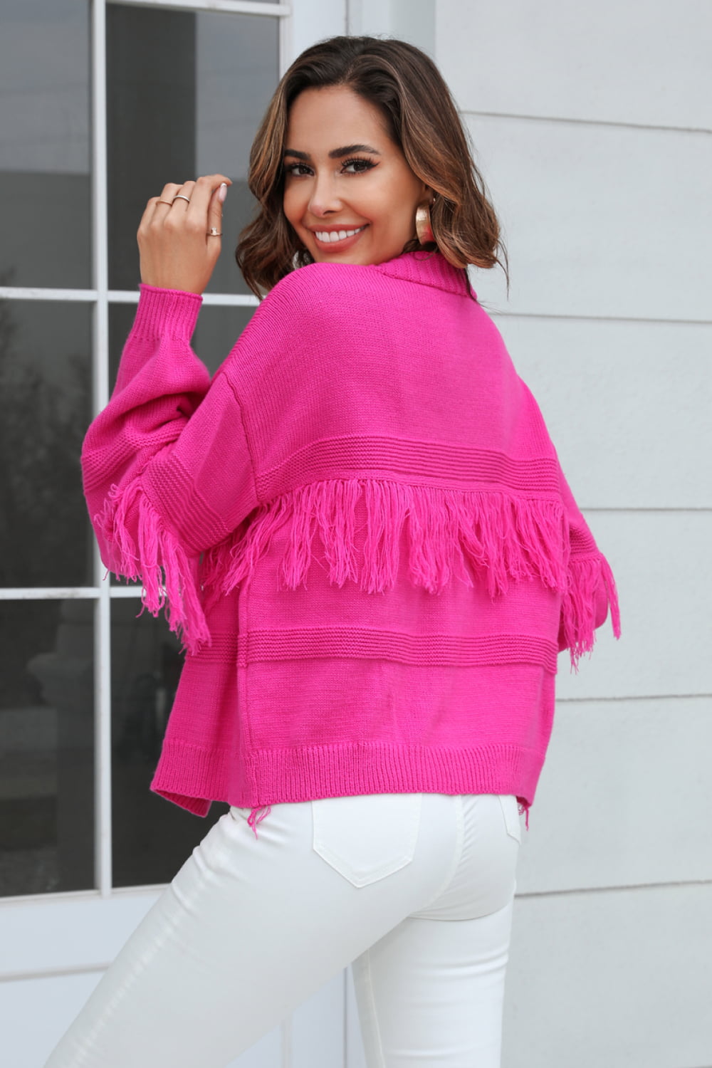 Fringe Trim Open Front Cardigan-Angel Casuals