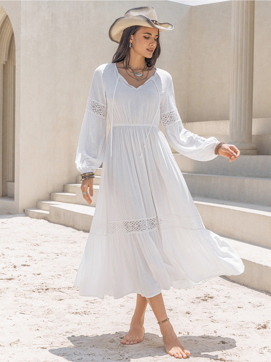 Tie Neck Balloon Sleeve Midi Dress-Angel Casuals