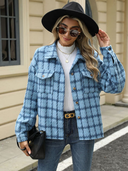 Plaid Collared Neck Long Sleeve Jacket-Angel Casuals