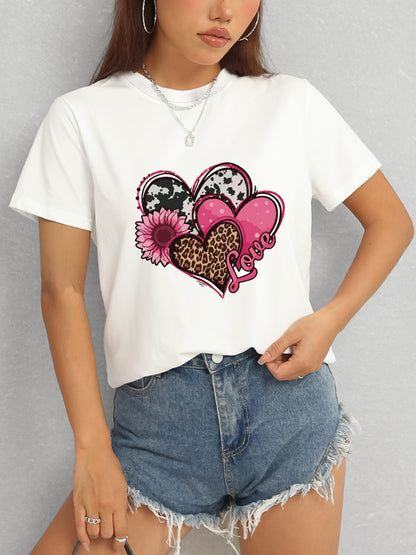 Heart Round Neck Short Sleeve T-Shirt-Angel Casuals