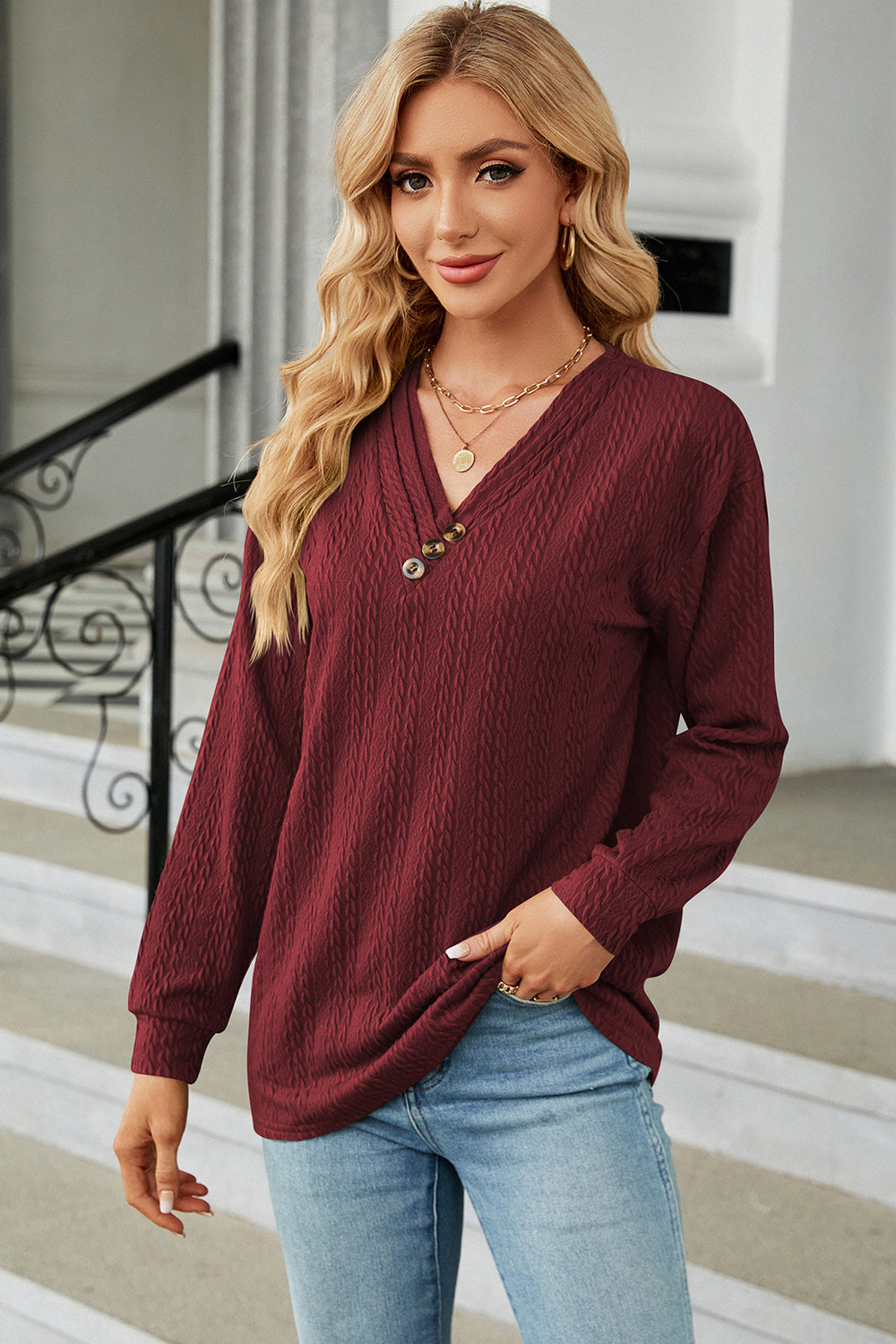 Decorative Button V-Neck Long Sleeve T-Shirt-Angel Casuals