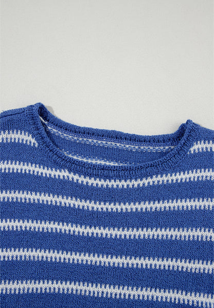 Striped Round Neck Dropped Shoulder Sweater-Angel Casuals