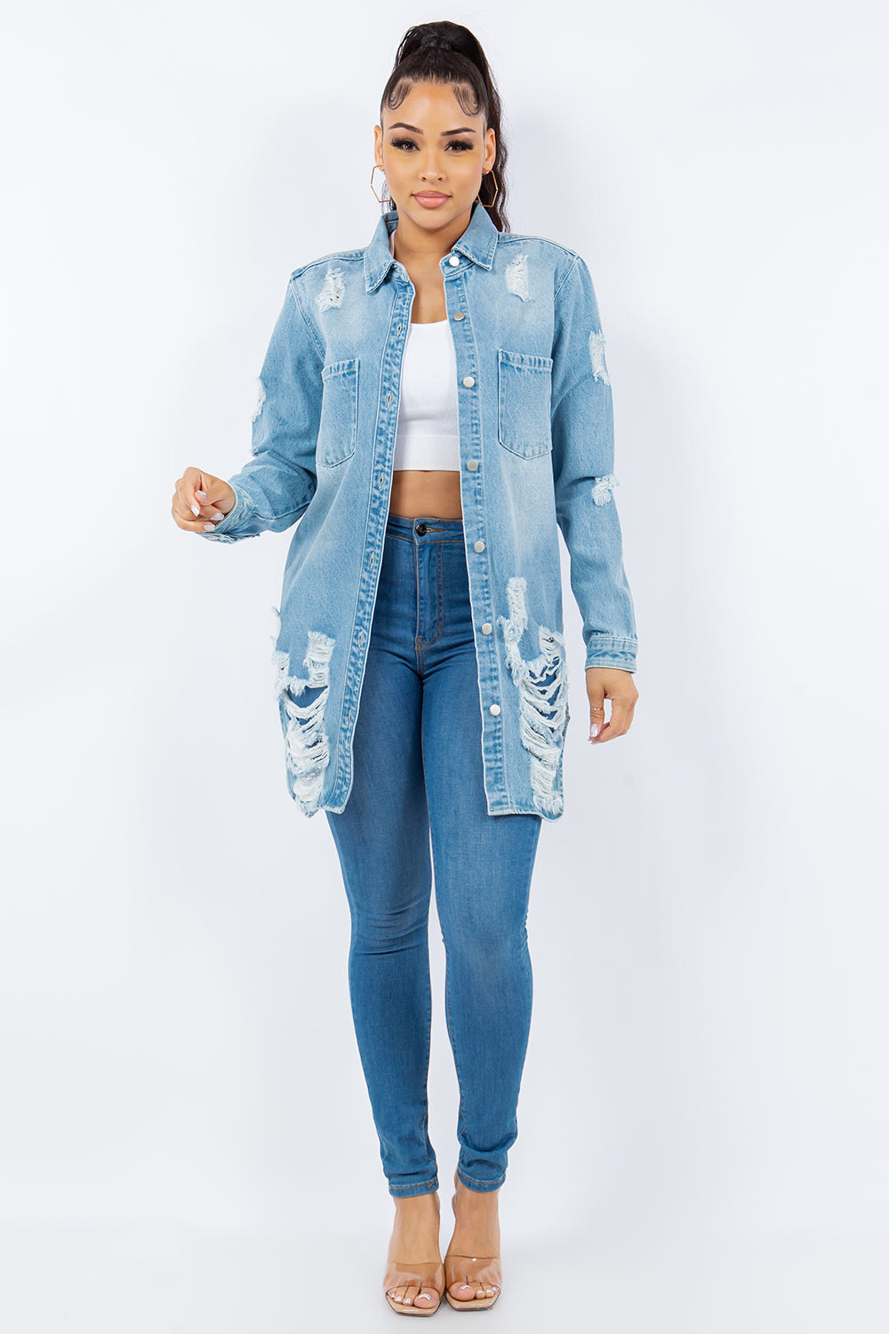 American Bazi Distressed Button Up Long Sleeve Denim Jacket-Angel Casuals