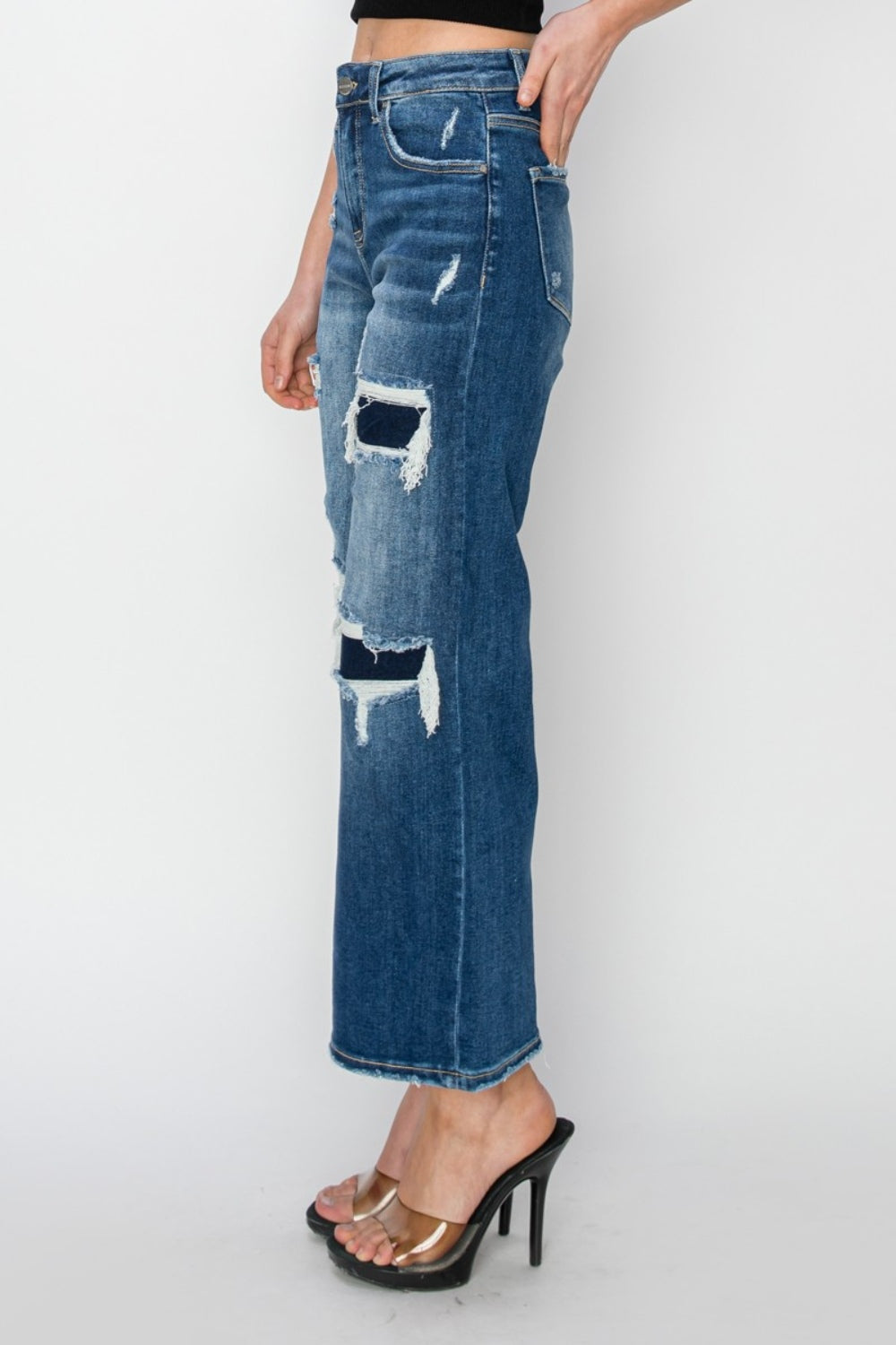 Risen Full Size High Rise Patch Detailed Wide Leg Crop Jeans-Angel Casuals