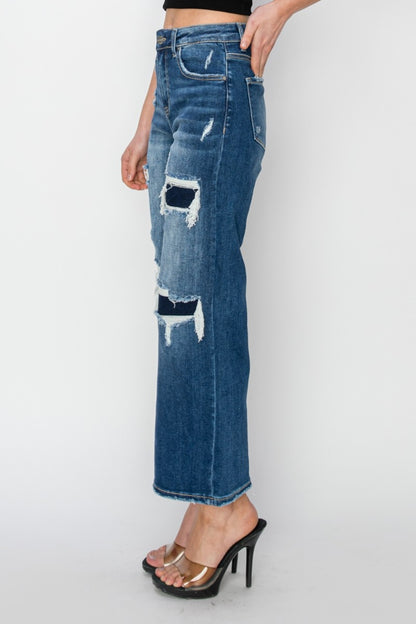 Risen Full Size High Rise Patch Detailed Wide Leg Crop Jeans-Angel Casuals