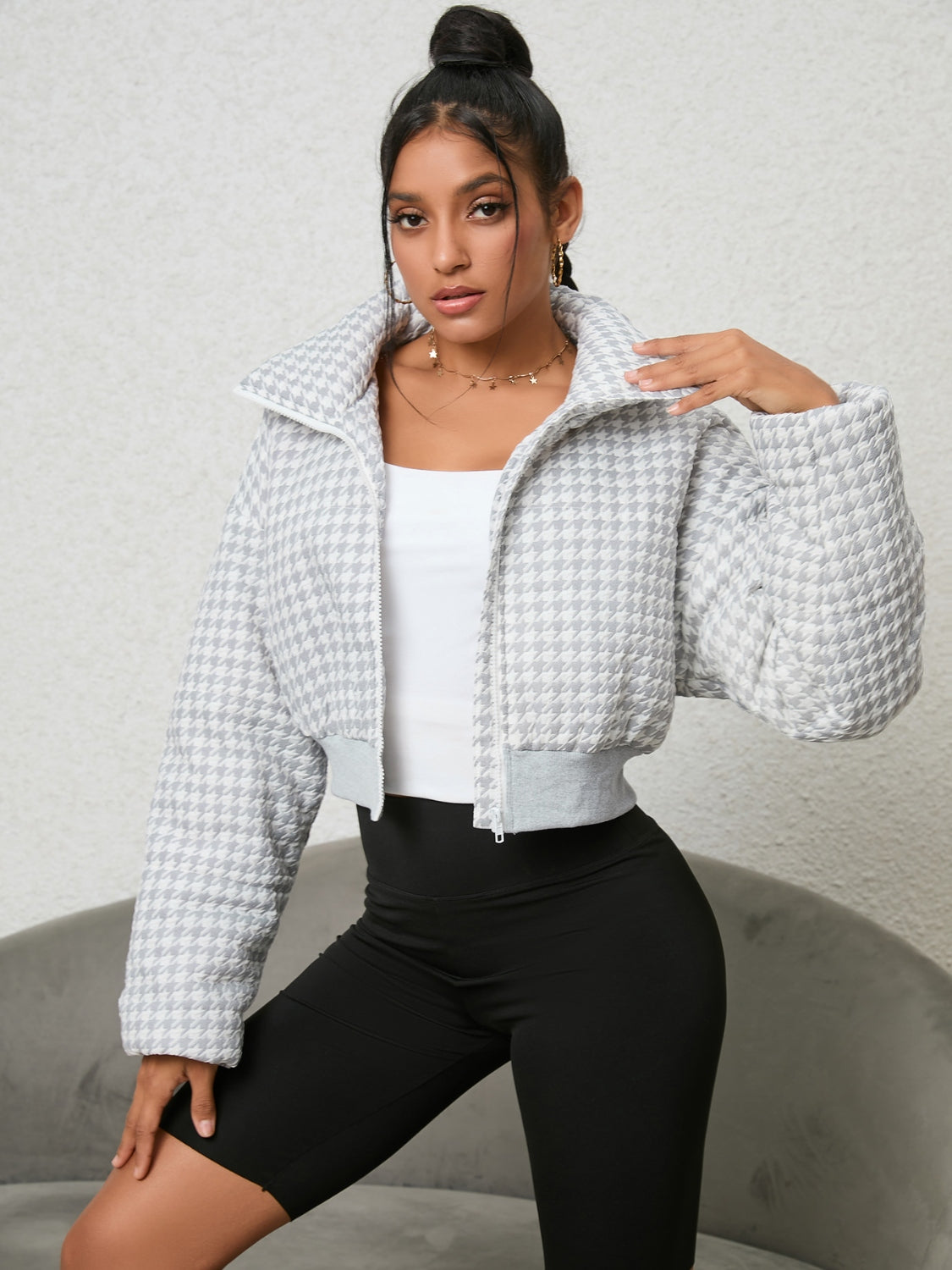 Houndstooth Zip-Up Jacket-Angel Casuals