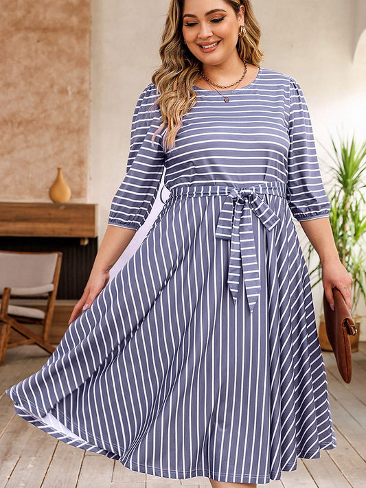 Plus Size Round Neck Striped Tie Waist Dress-Angel Casuals