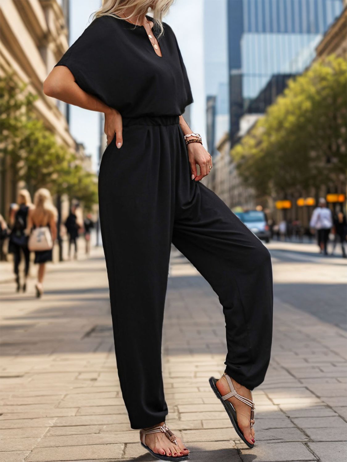 Notched Half Sleeve Straight Jumpsuit-Angel Casuals