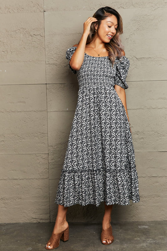 Floral Lace-Up Off-Shoulder Midi Dress-Angel Casuals