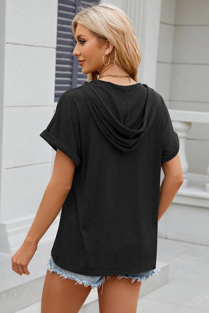Half Button Drawstring Short Sleeve Hooded T-Shirt-Angel Casuals