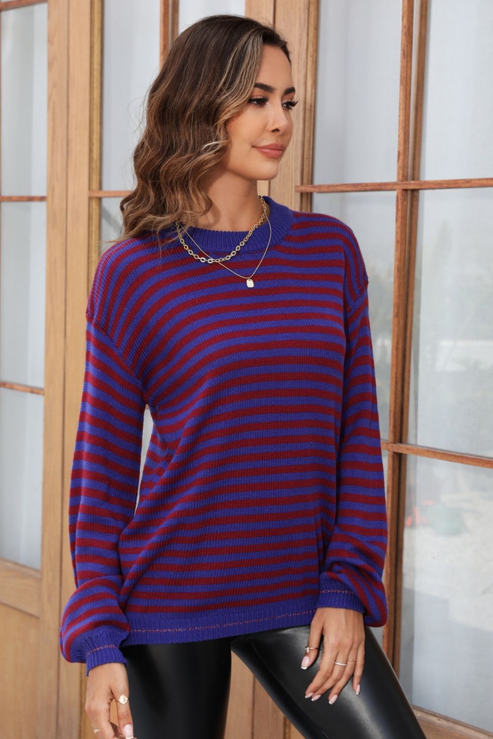 Angel Wings Striped Round Neck Dropped Shoulder Sweater-Angel Casuals