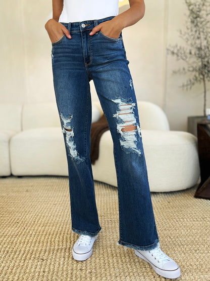 Judy Blue Full Size Mid Rise Distressed Raw Hem Jeans-Angel Casuals