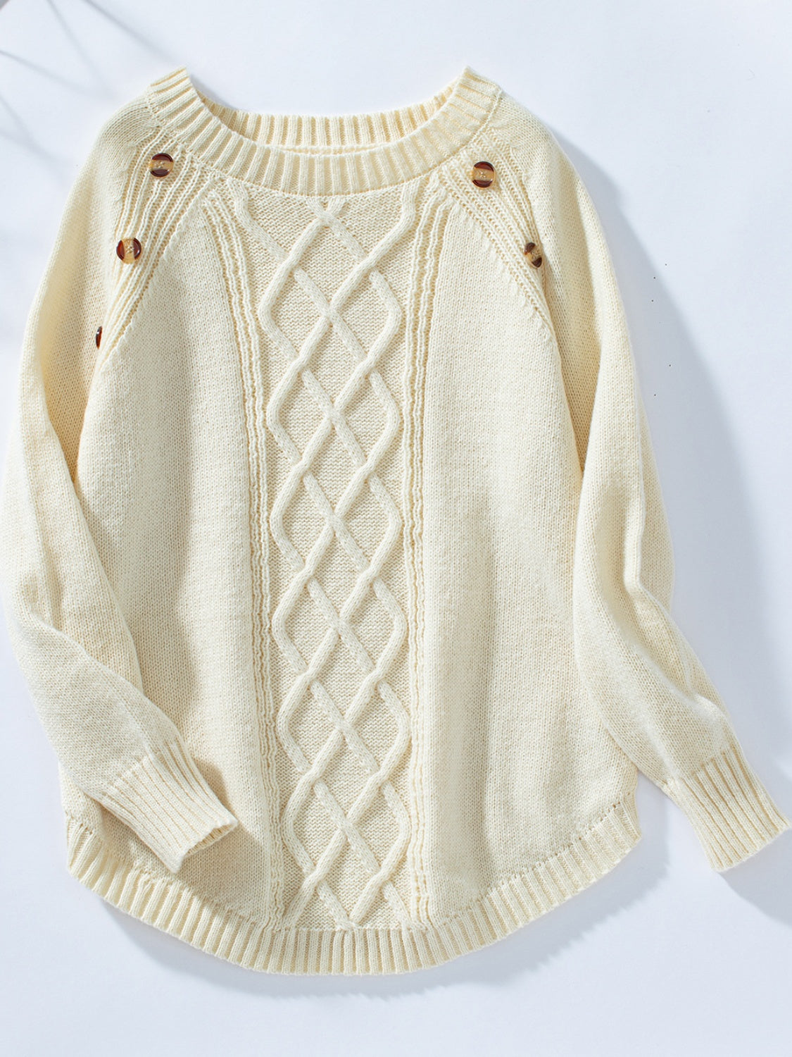 Decorative Button Round Neck Raglan Sleeve Sweater-Angel Casuals