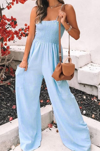 Smocked Spaghetti Strap Wide Leg Jumpsuit-Angel Casuals