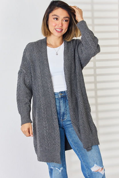 Cable-Knit Open Front Dropped Shoulder Cardigan-Angel Casuals