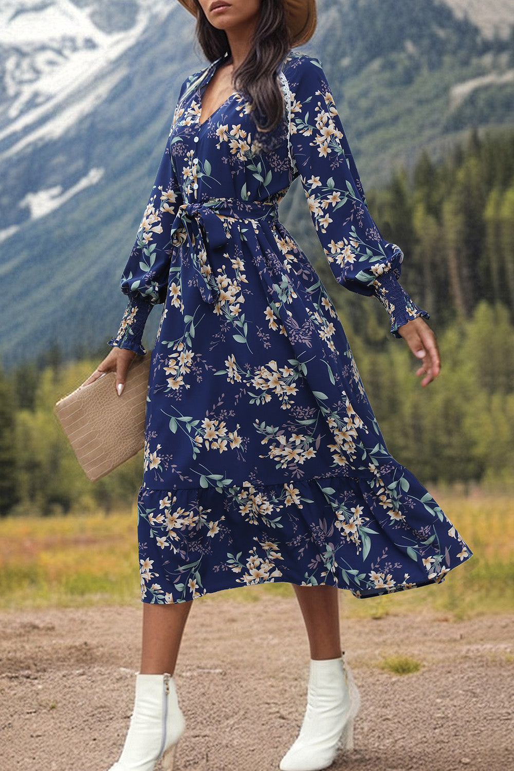 Printed Notched Lantern Sleeve Midi Dress-Angel Casuals