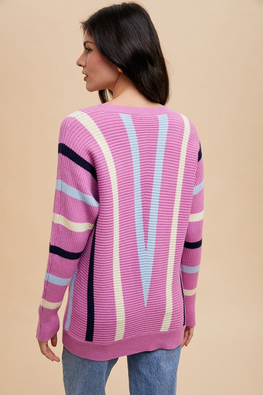 Annie Wear Chevron Stripe Round Neck Ribbed Sweater-Angel Casuals