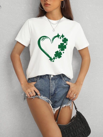 Heart Lucky Clover Round Neck Short Sleeve T-Shirt-Angel Casuals